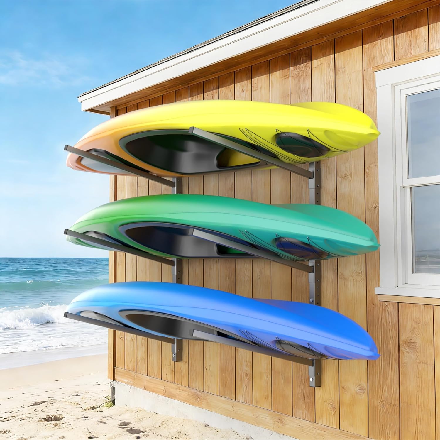 TORACK Heavy-Duty Wall Mounted Kayak Rack, Kayak Hangers for Garage Indoor Kayaks Holders for Surfboards, Skis, Snowboards, Paddle Boards Holds Up to 220 lbs(3-Tier for 3 Kayaks)