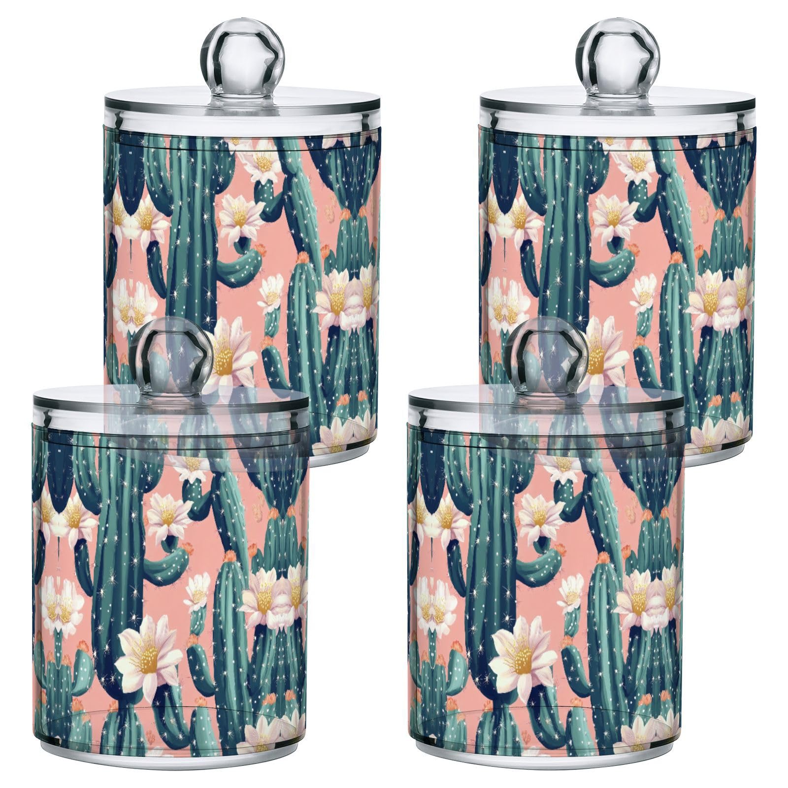 SDMKA 2 Pack Apothecary Jars Bathroom Blooming Cacti on Pink Qtip Holder Dispenser Clear Plastic Storage Canister Jar with Lid for Cotton Ball, Cotton Swab