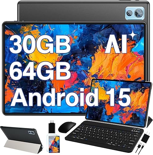 Tableta Android 15 de 10 pulgadas con teclado, 30 GB de RAM 64 GB ROM 2.0 GHz Octa-Core, cámara dual, expansión de 2 TB, Widevine L1, WiFi 5G, BT