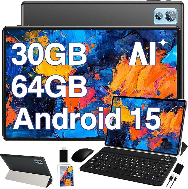 2025 Dernier comprimé 10 inch Android 15 Comprimés avec clavier, 30GB RAM 64GB ROM 2.0GHz Octa-Core, caméra double, 2TB Élargir, Widevine L1, 5G WiFi, BT 5.0, 2 en 1 Comprimés PC (Noir)