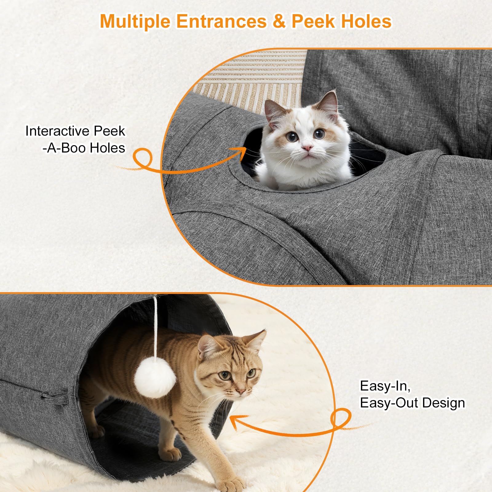 Ownpets Tunnel per gatti, materiale in tessuto con palla e teaser, espandibile e pieghevole, tunnel da gioco per gatti, cuccioli, conigli, grigio