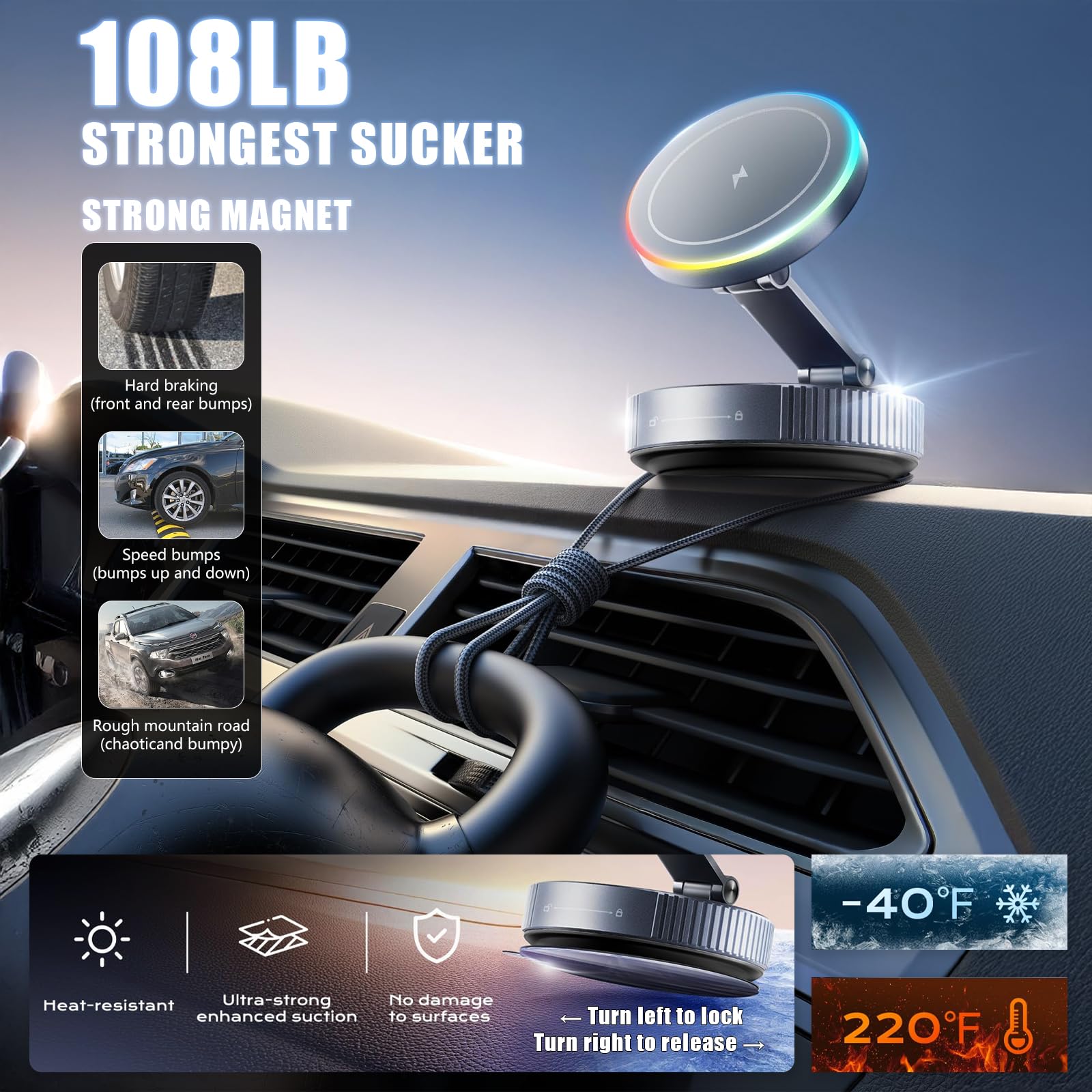 15W Magnetische KFZ Handyhalterung mit Ladefunktion & Kabellosem Schnellladegerät, Autohalterung 360° Drehbar & Faltbar, Vakuum-Saugnapf, Kompatibel mit iPhone 17 16 15 14 & Samsung (Grau)