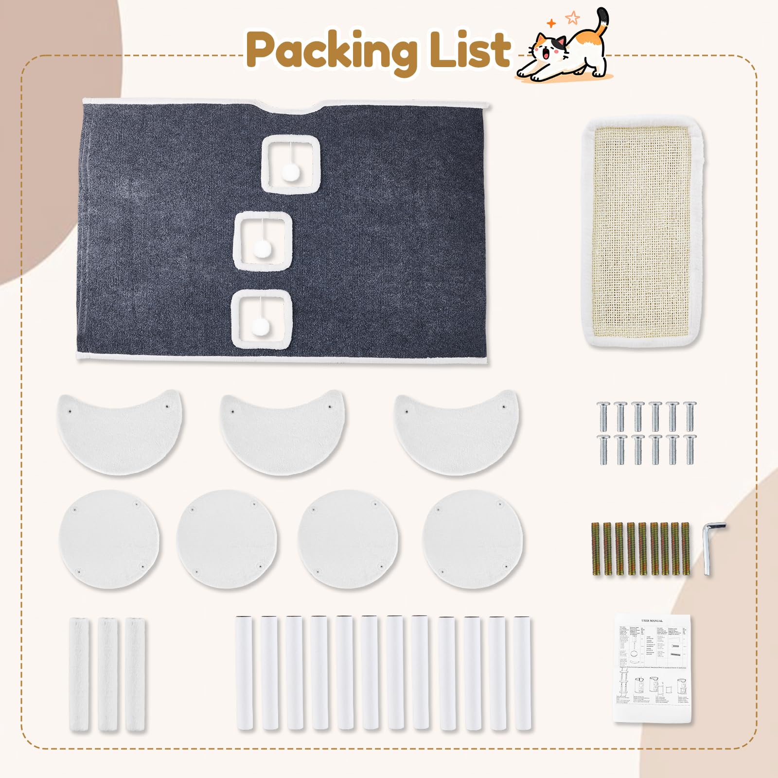 Cueva para Gatos de 4 Niveles, casa para Gatos con Tabla y Plataforma rascadora, 3 Cuevas + Plataforma de observación con 2 Plataformas de transición, Cubo para Gatos con Pelota de Juego, Estable y
