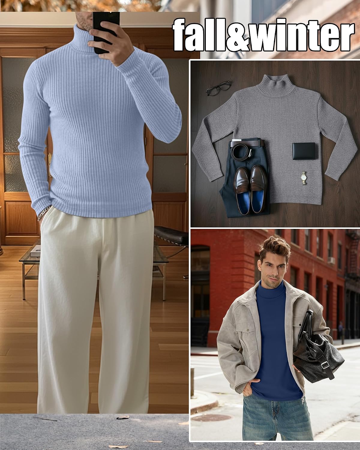 4 Pack Men's Turtleneck Long Sleeve Shirts Cotton Ribbed Sweater Mock Neck Pullover Casual Tops Slim Fit Layer