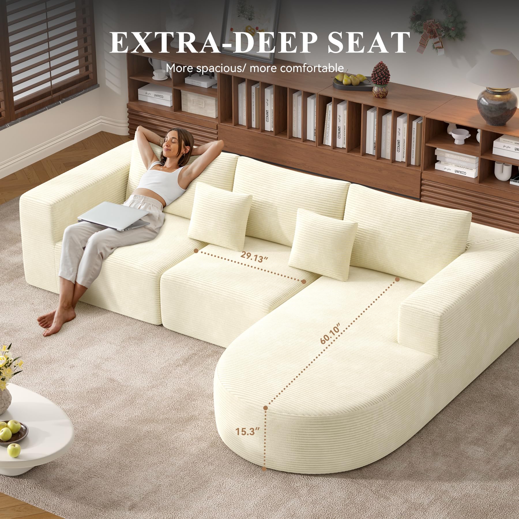 Hawthyhome Sofa mit Schlaffunktion rahmenloses Ecksofa L-Form Couch Installation-Free Cordstoff Ecksofa mit Rechts-Chaiselongue für Wohnzimmer 3 sitzer 264x177x59cm Beige