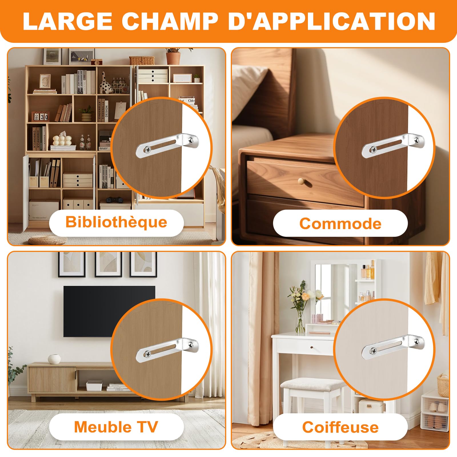 Kit Anti-Basculement Meuble, 12 Ancrages de Sécurité pour Armoires, Penderies, Argent