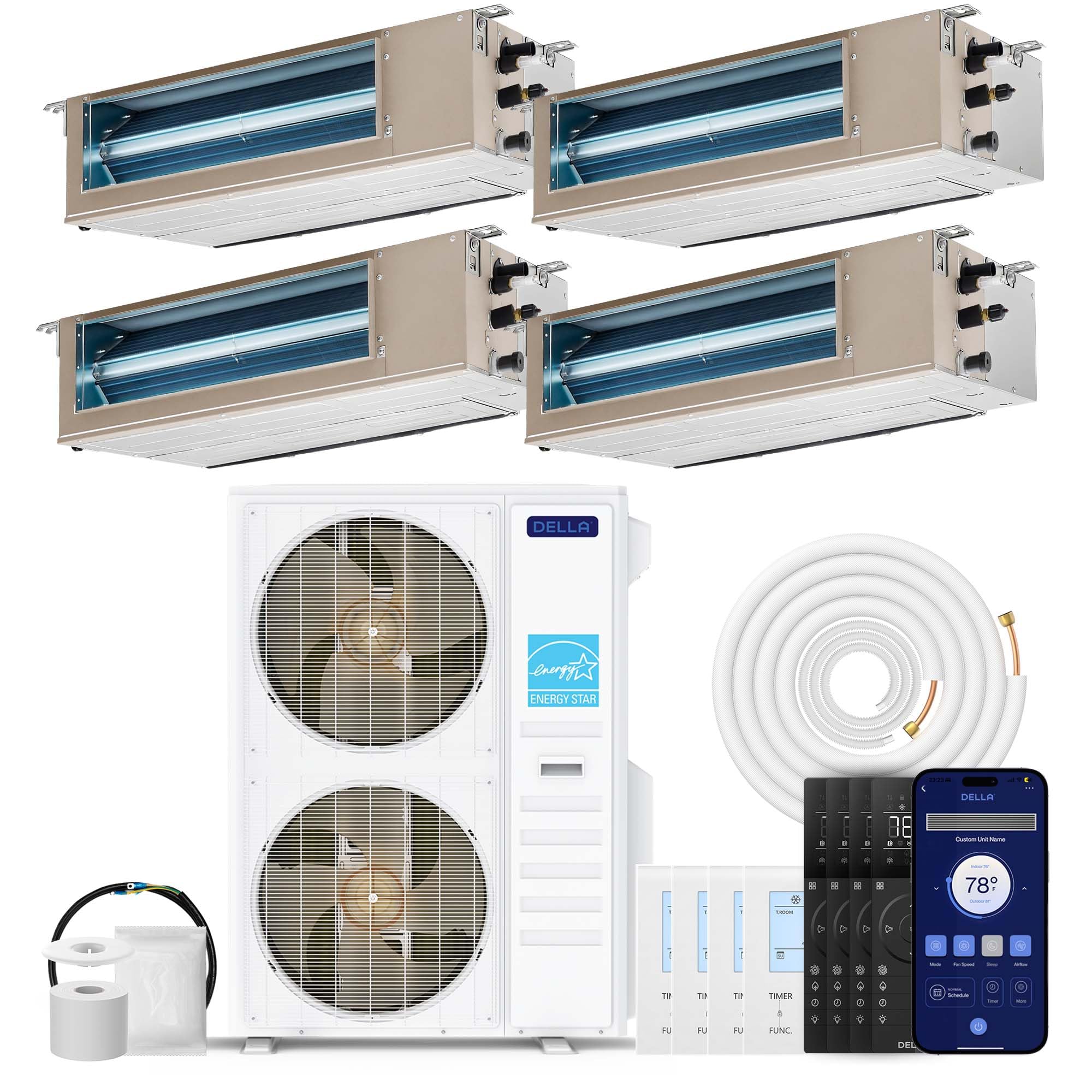 DELLA 48K BTU 4 Zone (2x9K+2x18K BTU) Ducted Mini Split AC, 20 SEER2