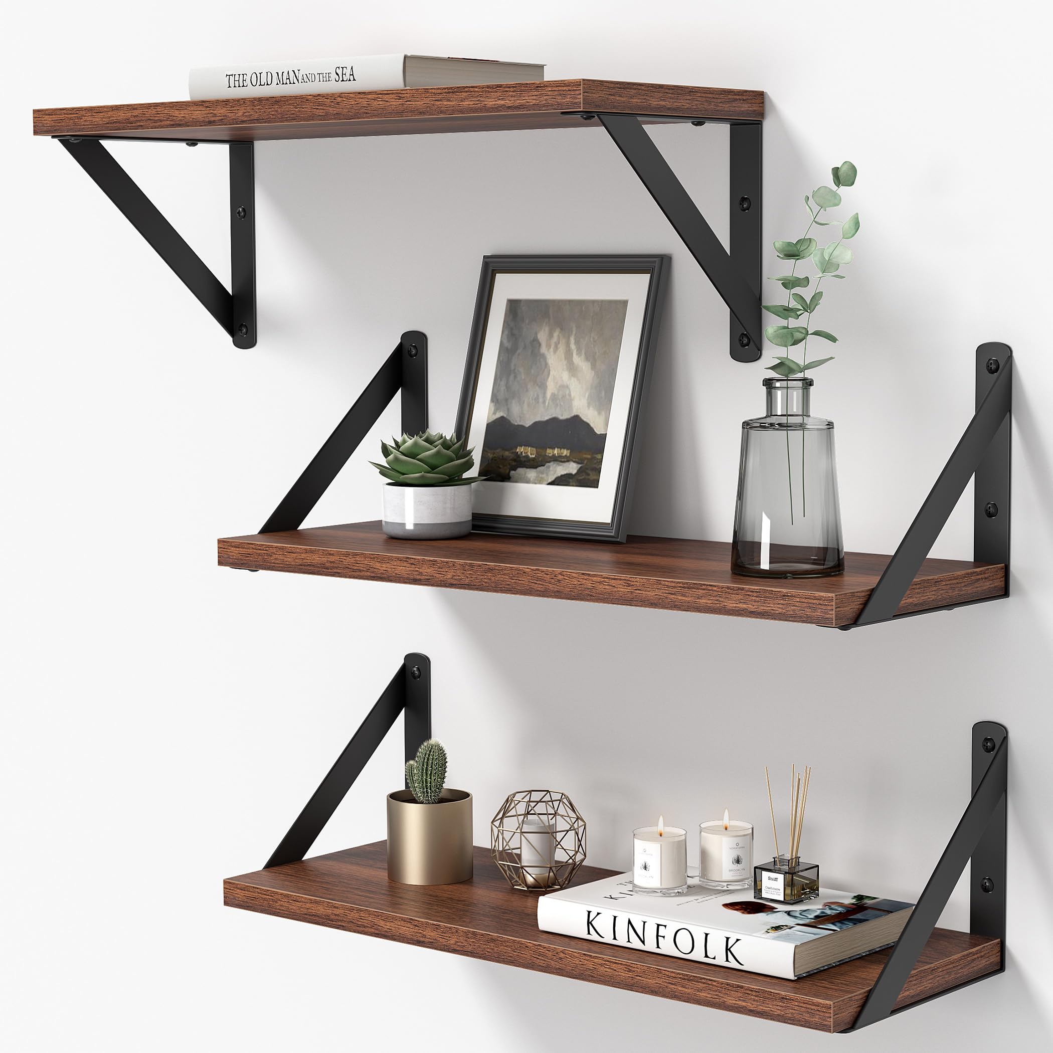 Heimlove Floating Shelves Set of 3, 40cm Walnut Wall Shelves with Metal Brackets, Book Shelf 15cm Deep for Living Room, Bedroom, Kitchen, Bathroom, Home Office & Book Storage