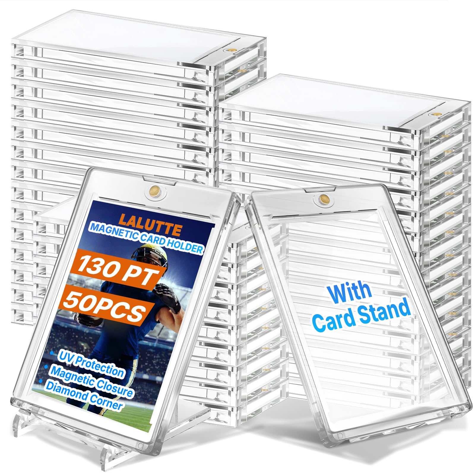 50 Pcs 130PT Magnetic Card Holder with 10 Pcs Stands, Magnetic Card Case Hard Protector, UV Protected Transparent Clear for Trading Sports Baseball Football Collectible Cards Display &amp; Storage