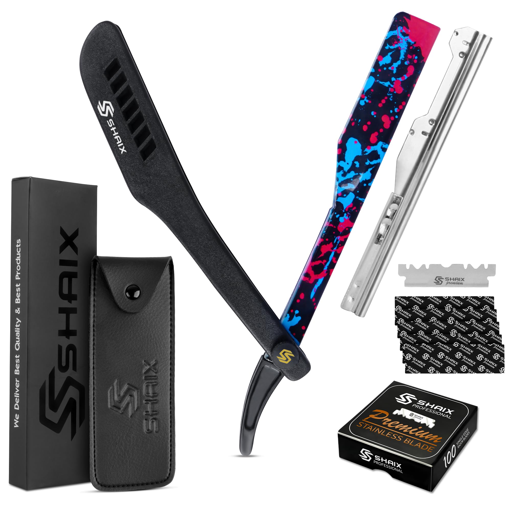 ShaiX Shavette Straight Razor for Men with Pack of 100 Single Blades – Barber Straight Razor & Straight Edge Razor Kit for Beard Shaving, Line Up & Mustache (Black)