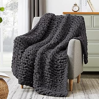 WRENSONGE Drak Grey Chunky Knit Blanket Throw, 50"x60" Large Chunky Knit Throw Blanket for Couch, Bed, 100% Hand Made Chenille Throw Blanket, Soft Fluffy Cable Knit Blanket Warm Machine Washable