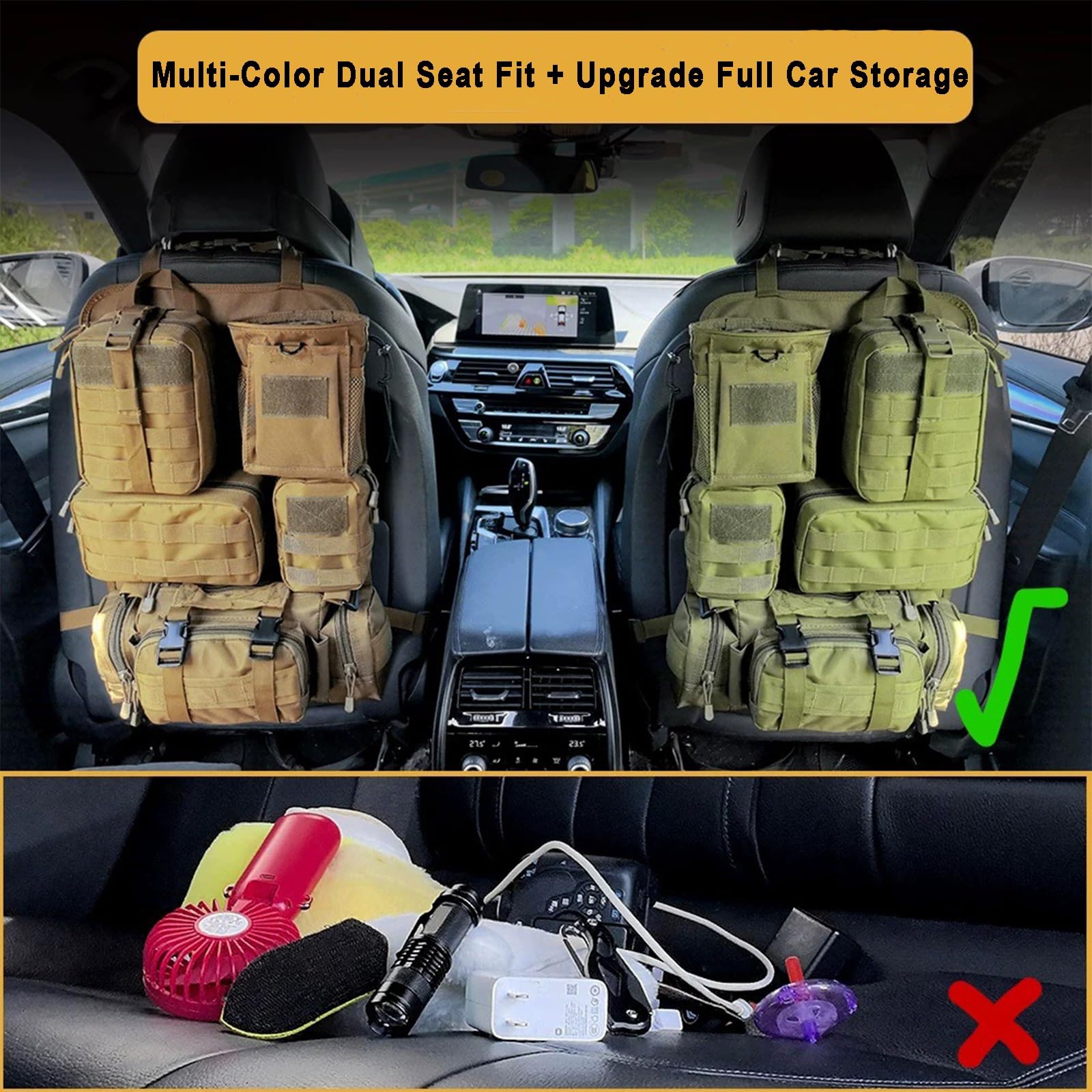 6-in-1 Tasca Tattica per Sedile Posteriore, Multifunzione per Auto | Pannello MOLLE Auto, 5 Tasche Rimovibili, Grande Organizzatore Posteriore per Tutti - Tieni in Ordine.(Black)