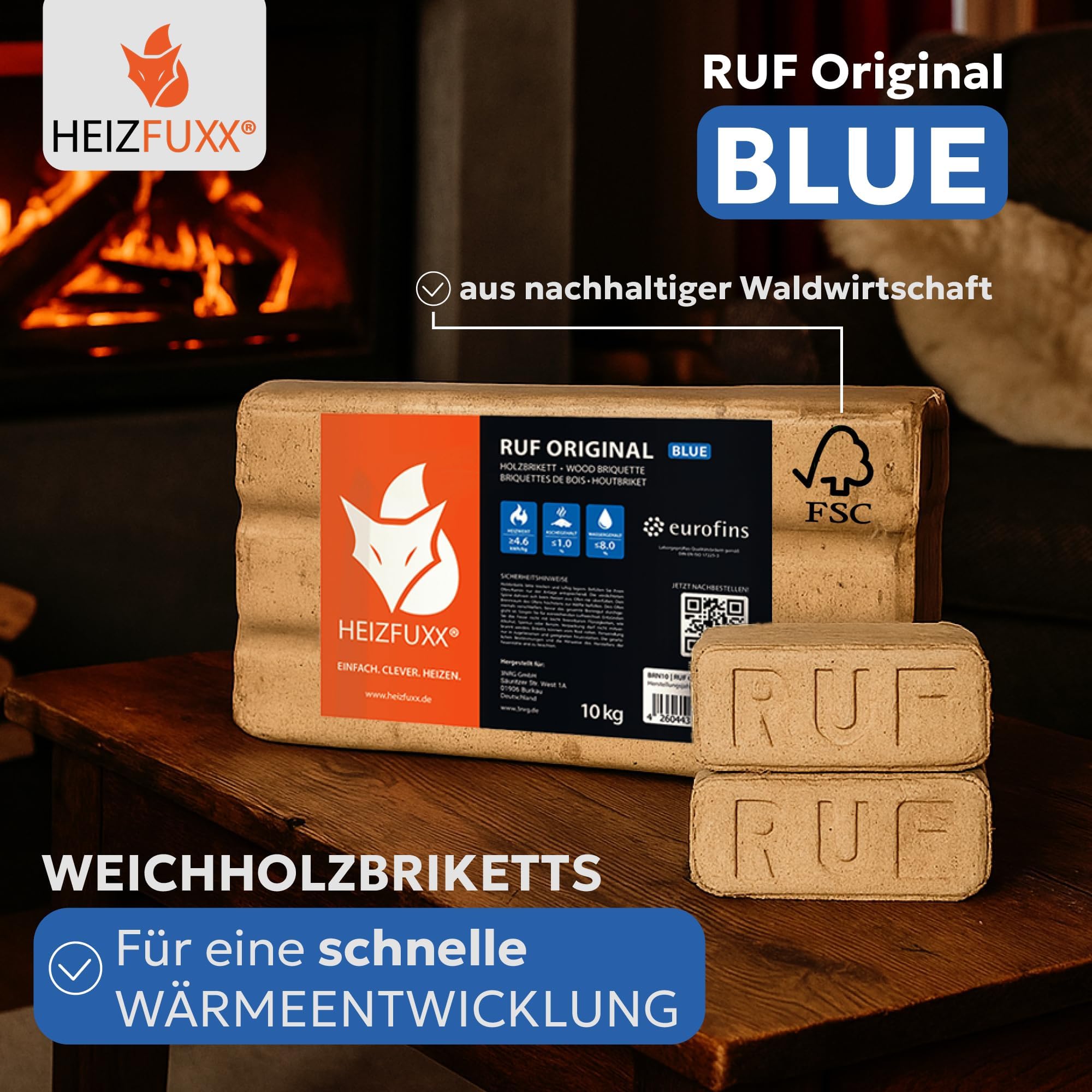 HEIZFUXX RUF Original Blue Holzbriketts Weichholz 960 kg (96 x 10 kg) 1 Palette