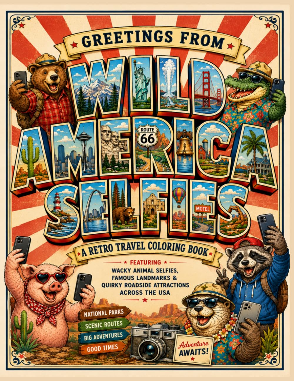 Wild America Selfies: A Retro Travel Coloring Book Featuring Wacky Animal Selfies, Famous Landmarks & Quirky Roadside Attractions Across the USA