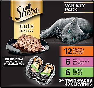 Sheba Perfect Portions Wet Cat Food Cuts in Gravy Variety Pack, Roasted Chicken Entree and Tender Turkey Entree, 2.6 oz. Twin-Pack Trays (12 Count, 24 Servings)
