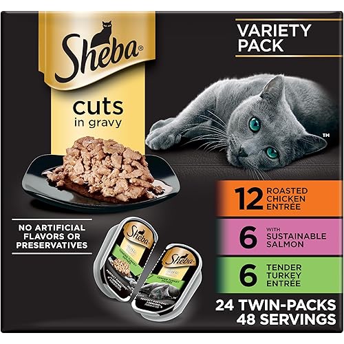 Sheba Perfect Portions Wet Cat Food Cuts in Gravy, Roasted Chicken Entree, with Sustainable Salmon, Tender Turkey Entree, 2.6 oz. Twin-Pack Trays (24 Count, 48 Servings)