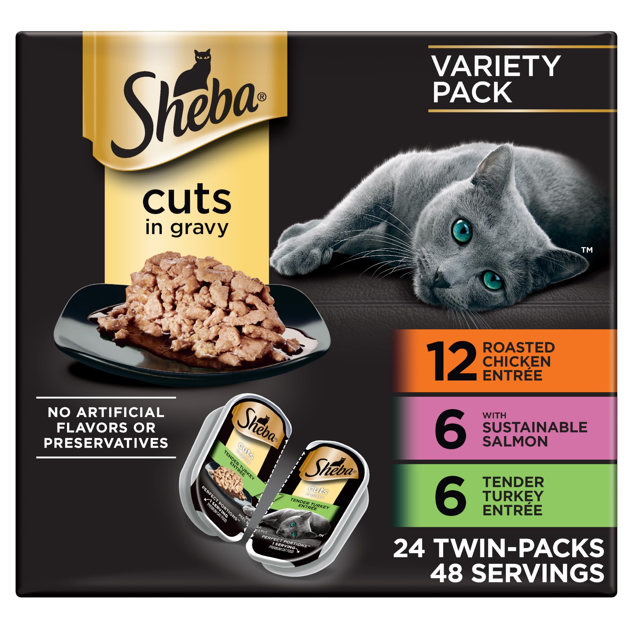 Sheba Perfect Portions Wet Cat Food Cuts in Gravy Variety Pack, Roasted Chicken Entree, with Sustainable Salmon, and Tender Turkey Entree, 2.6 oz. Twin-Pack Trays (24 Count, 48 Servings)