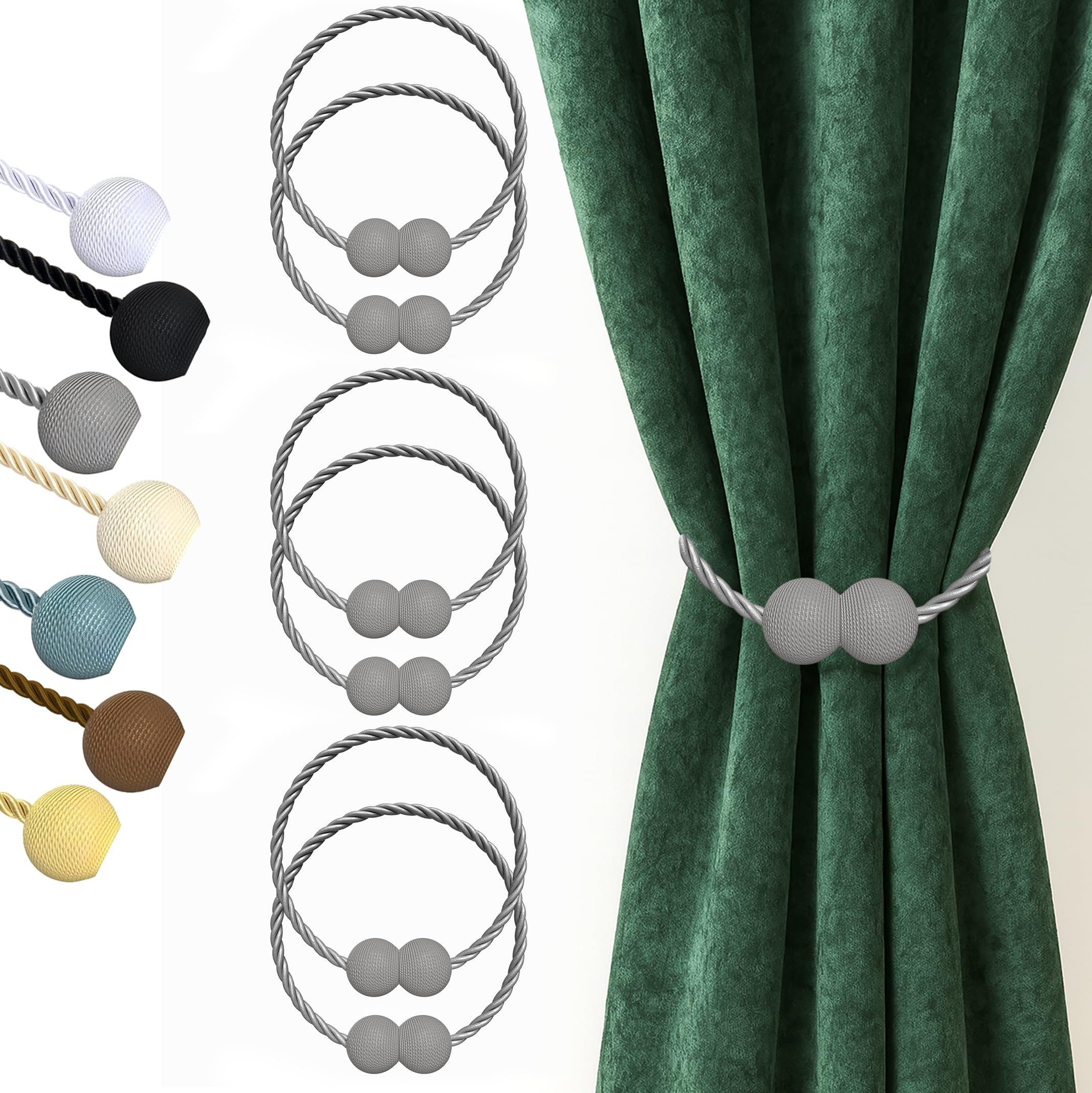 Hion Magnetic Curtain Tiebacks Grey 6 Pack, Curtain Tiebacks Buckles Holdbacks Holders Hooks Clip for Home Bedroom Office Decorative Thick or Thin