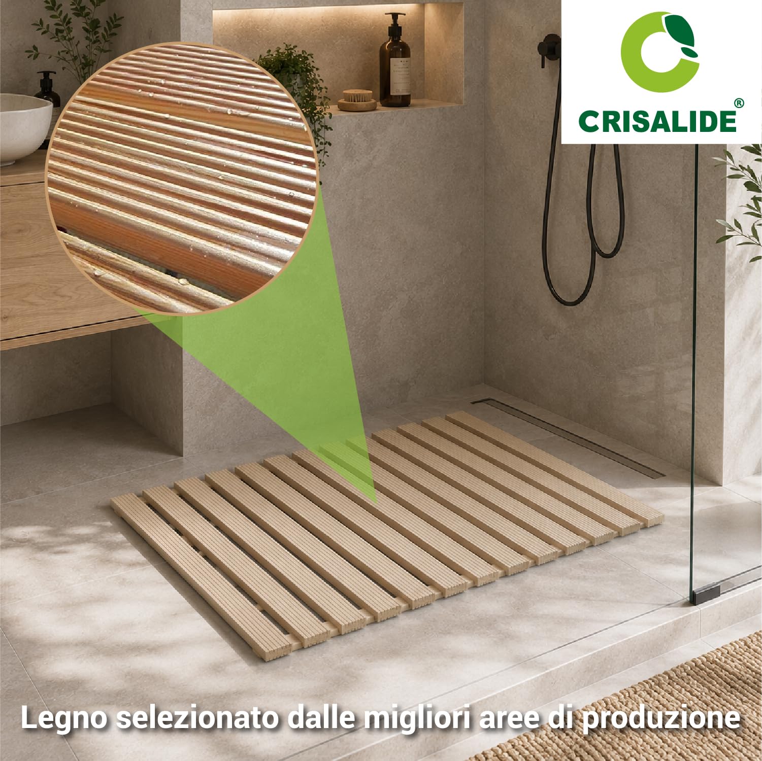 Crisalide® - Pedana Doccia in Legno di Pino Naturale 68x55 cm, Pedana Rettangolare Antiscivolo Waterproof con Doghe Drenanti, Piedini di Appoggio, Tappeto Doccia in Legno per Bagno