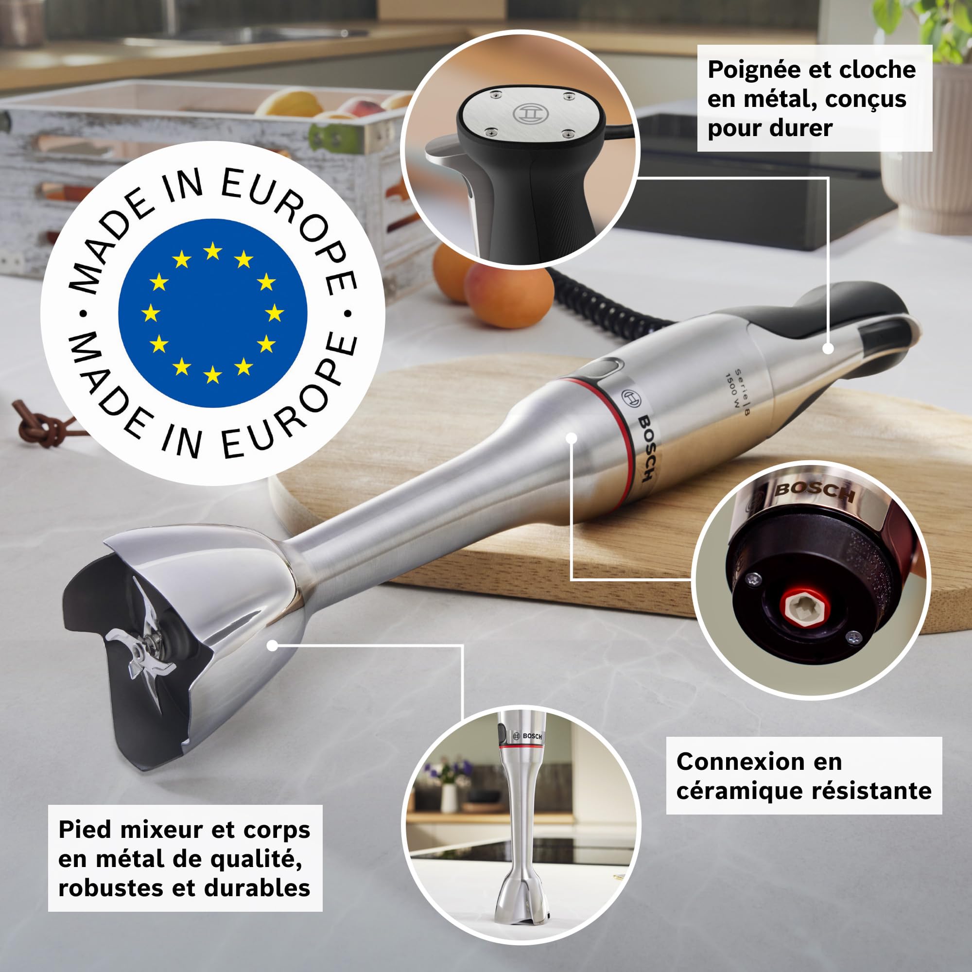 Bosch, mixeur plongeant, ErgoMaster Série 8, moteur 1500 W, réglage de vitesse intuitif, 6 lames, accessoires inclus, acier inoxydable, MSM8M930