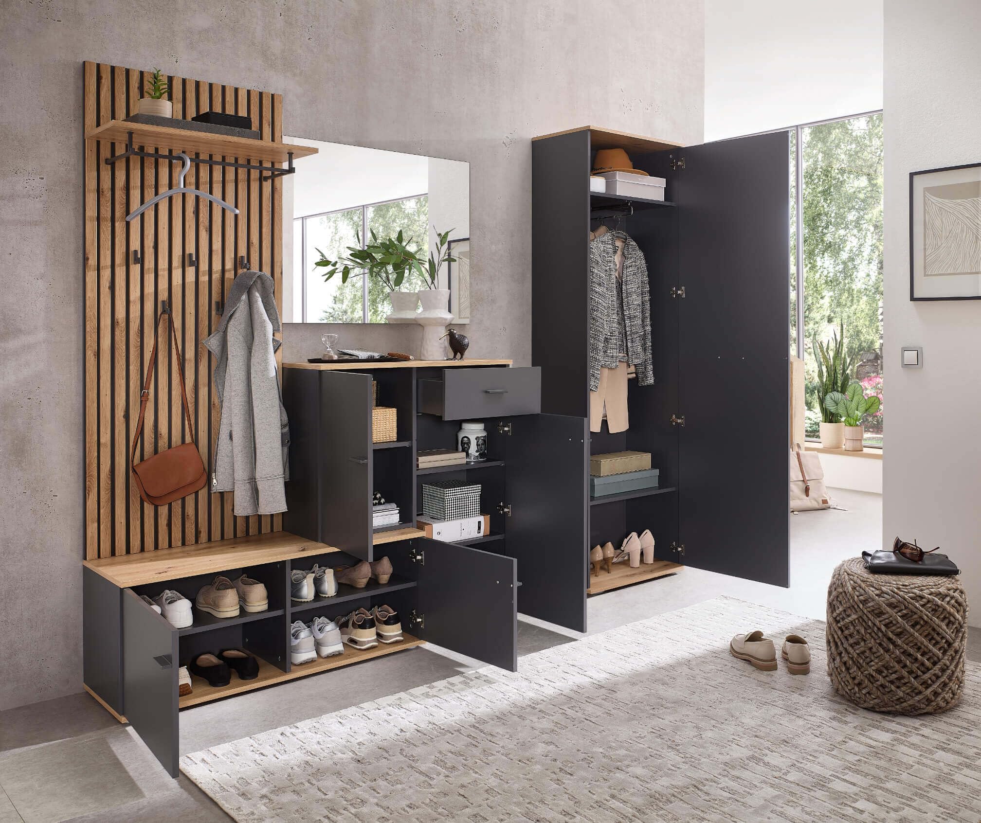Garderoben-Set Como anthrazit/Artisan Eiche Nb. Flurgarderobe Wandgarderobe Paneel + Schuhschrank + Spiegel optional mit Hochschrank