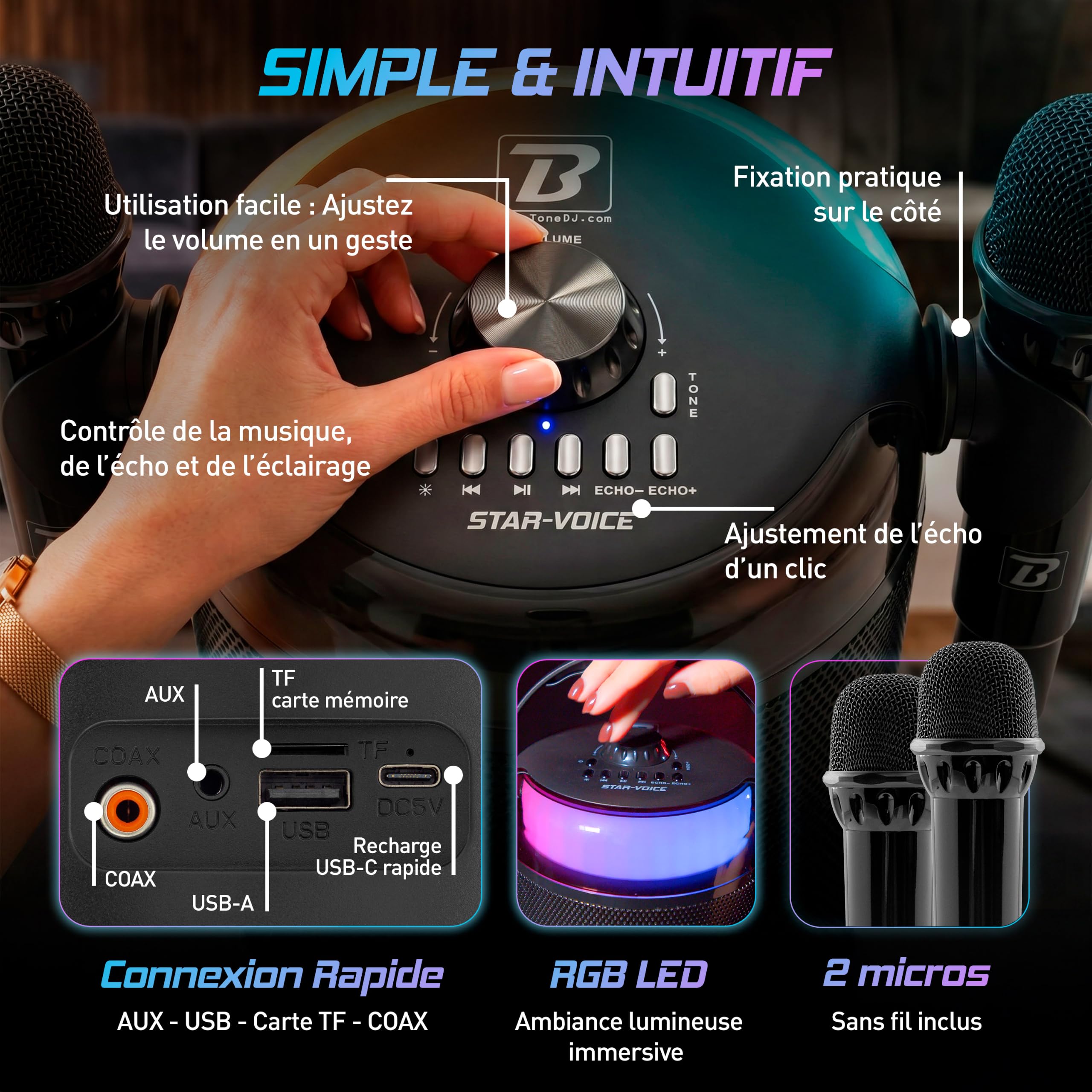 BoomTone DJ Star Voice – Enceinte Karaoké Bluetooth Portable avec 2 Micros sans Fil, LEDs RGB et Changeur de Voix, Karaoké Enfant & Adulte pour Soirées et Anniversaires