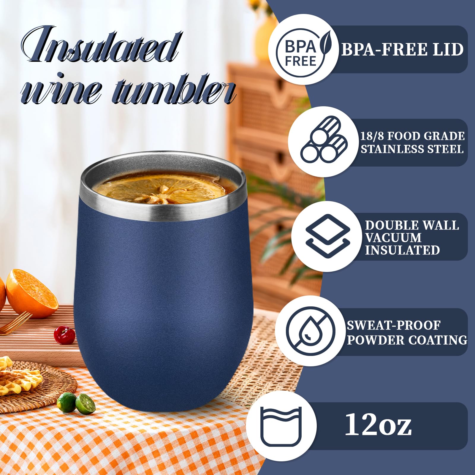 Weinglas ohne Stiel mit Deckel, doppelwandig, isoliert, Edelstahlgläser, Becher mit Strohhalm, isoliert, Cocktailbecher, Kaffeetasse für heiße und kalte Getränke, 340 ml, gemischt, 10 Stück
