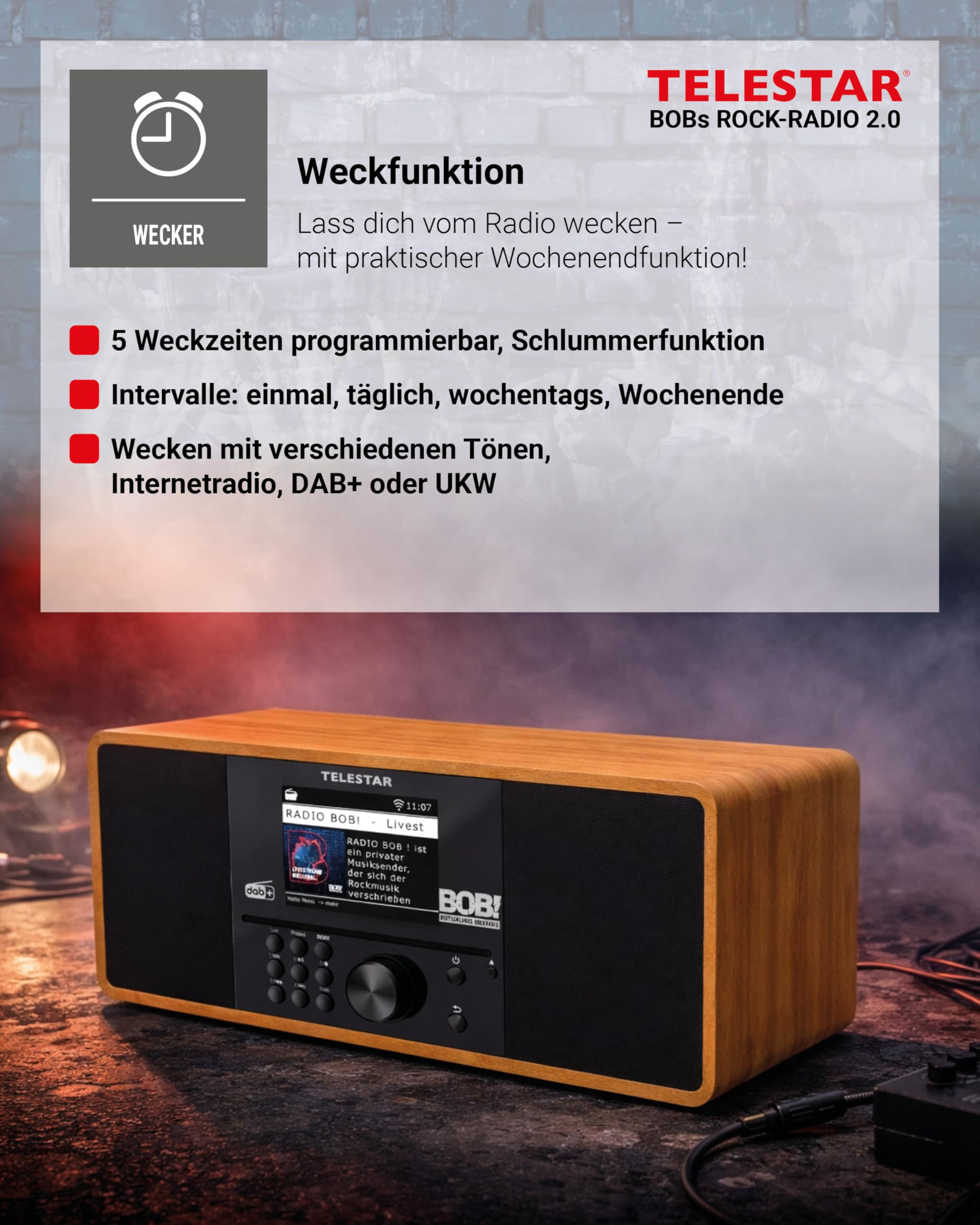 TELESTAR BOBs Rock Radio 2.0 – DAB+/Internetradio mit CD-Player – Holz | RADIO BOB! Sender vorinstalliert, Stereo, 2 × 15 W, Streamingdienste, Bluetooth Audio-Streaming & Sendefunktion, USB