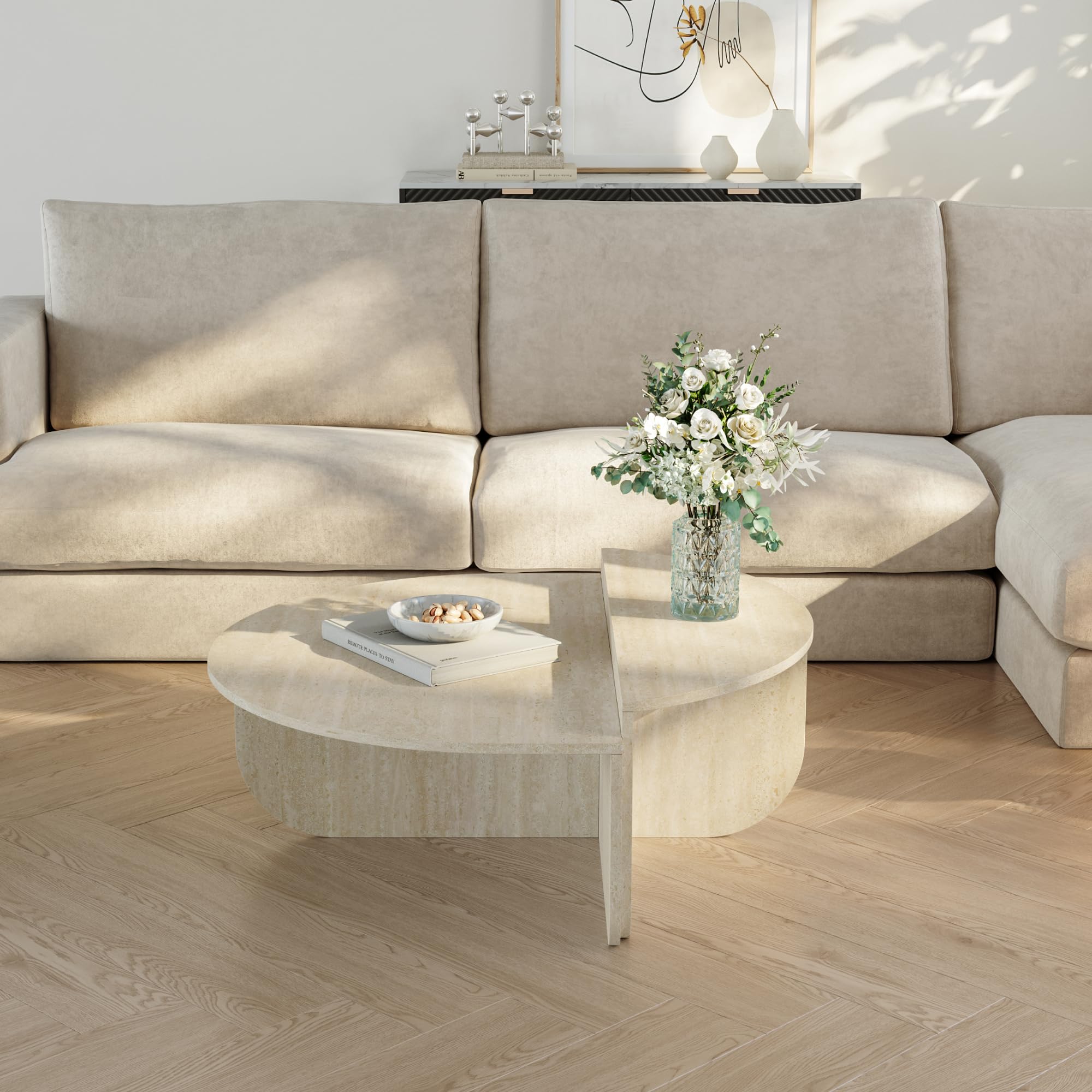 [en.casa] Mesa de Centro Tondesdaslo Tablero Doble Semicircular Mesita de Café Mesa Auxiliar de Sofá Salón Despacho 90 x 90 x 35 cm - Travertino
