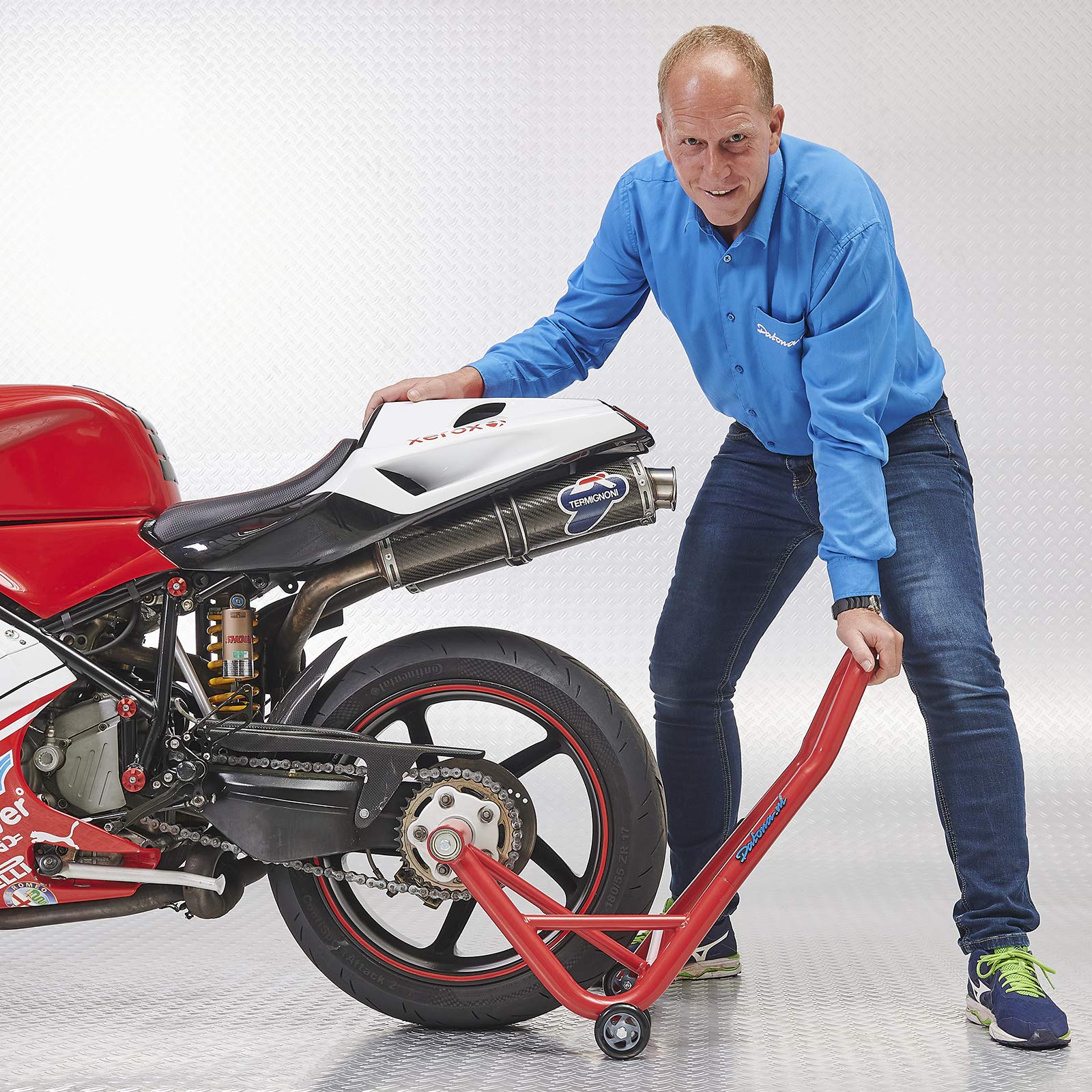 Einarm Motorrad Montageständer - Hinterradständer für einseitige Schwinge mit 21,7 & 25,7 mm Aufnahme - 200 kg Tragkraft, 4 Rollen, Schwarz