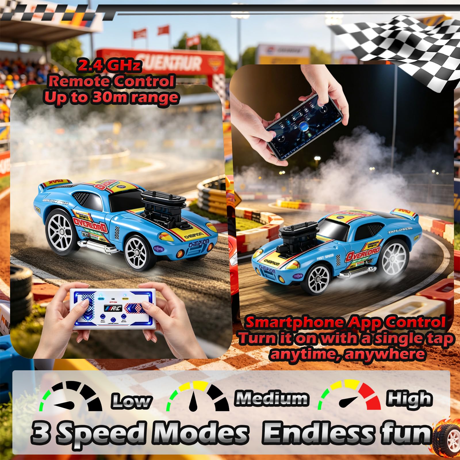 Mini Auto RC Drift 1:64, Auto Telecomandata con 3 Velocità, Tipo-C, 2,4 GHz + App Bluetooth, Carrozzeria in Lega Trazione Posteriore, Regalo per Bambini dai 6 Anni (Blu)