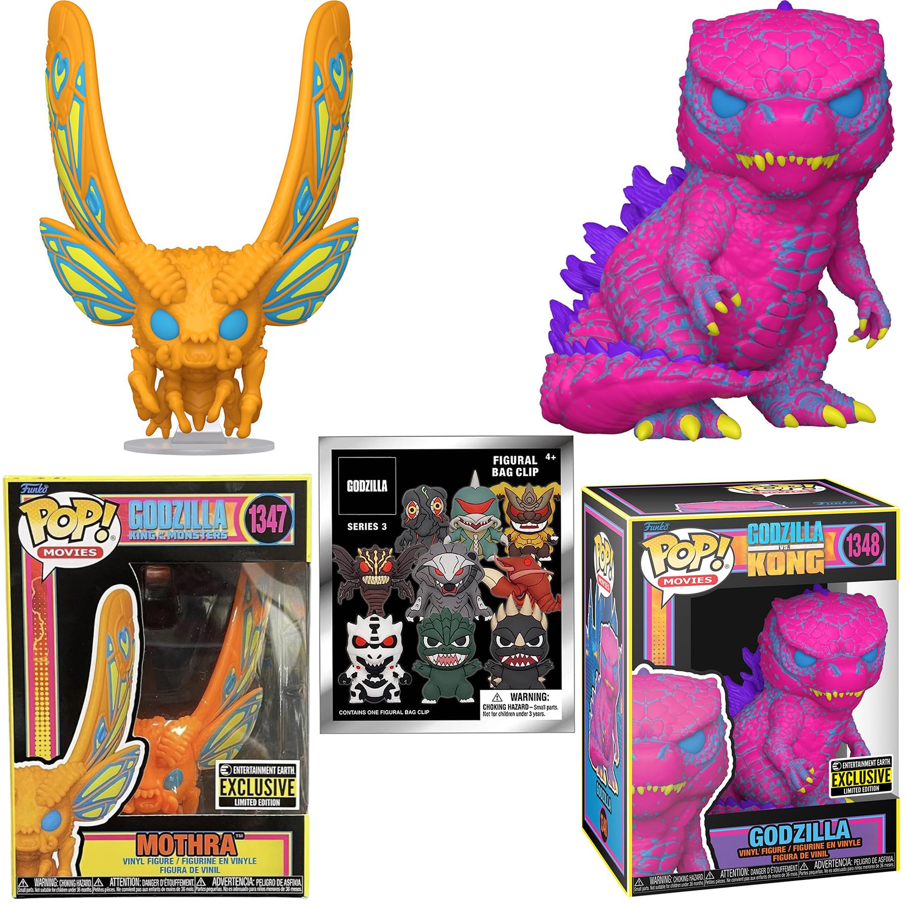 King Godzilla Vs Kong Pop Exclusive Figure Sci-Fi Black Light Edition Bundled with EE Mothra + 3D Monster Godzilla Blind Bag 3 Items