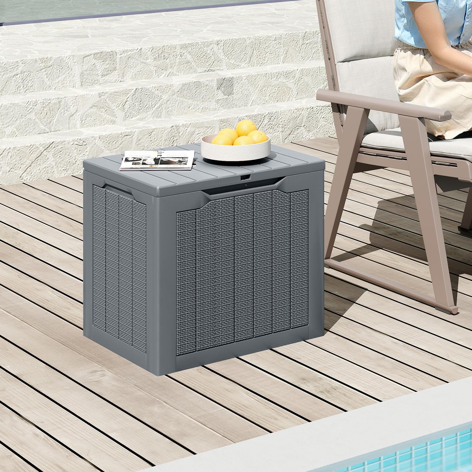 FANTASK 106L Gartenbox, 56 x 41 x 50,5 cm, Outdoor Kissenbox mit abschließbarem Deckel, Auflagenbox wasserfeste, Schrank Rattan-Optik für Poolzubehör, Gartengeräte, Pakete (Grau)