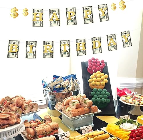 Miniatura 3 de Kit de decoración temática de dinero, carteles de billetes de dólar, pancarta de cumpleaños y espirales colgantes, símbolo de moneda para