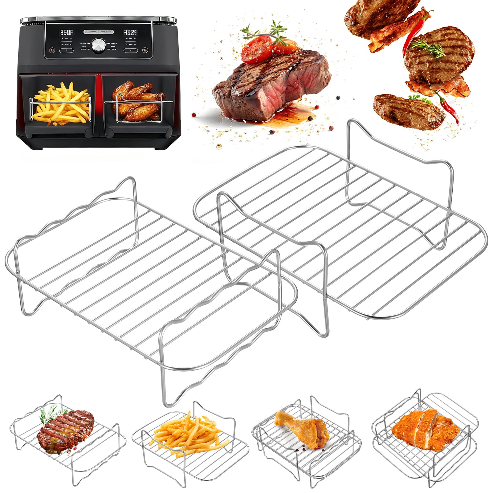 2 Pcs Rejilla Air Fryer, Rejilla Freidora de Aire Accesorios, Parrilla Apilable de Acero Inoxidable para Ninja Cosori Russell Hobbs zonas duales de 7,6 a 10,4 l