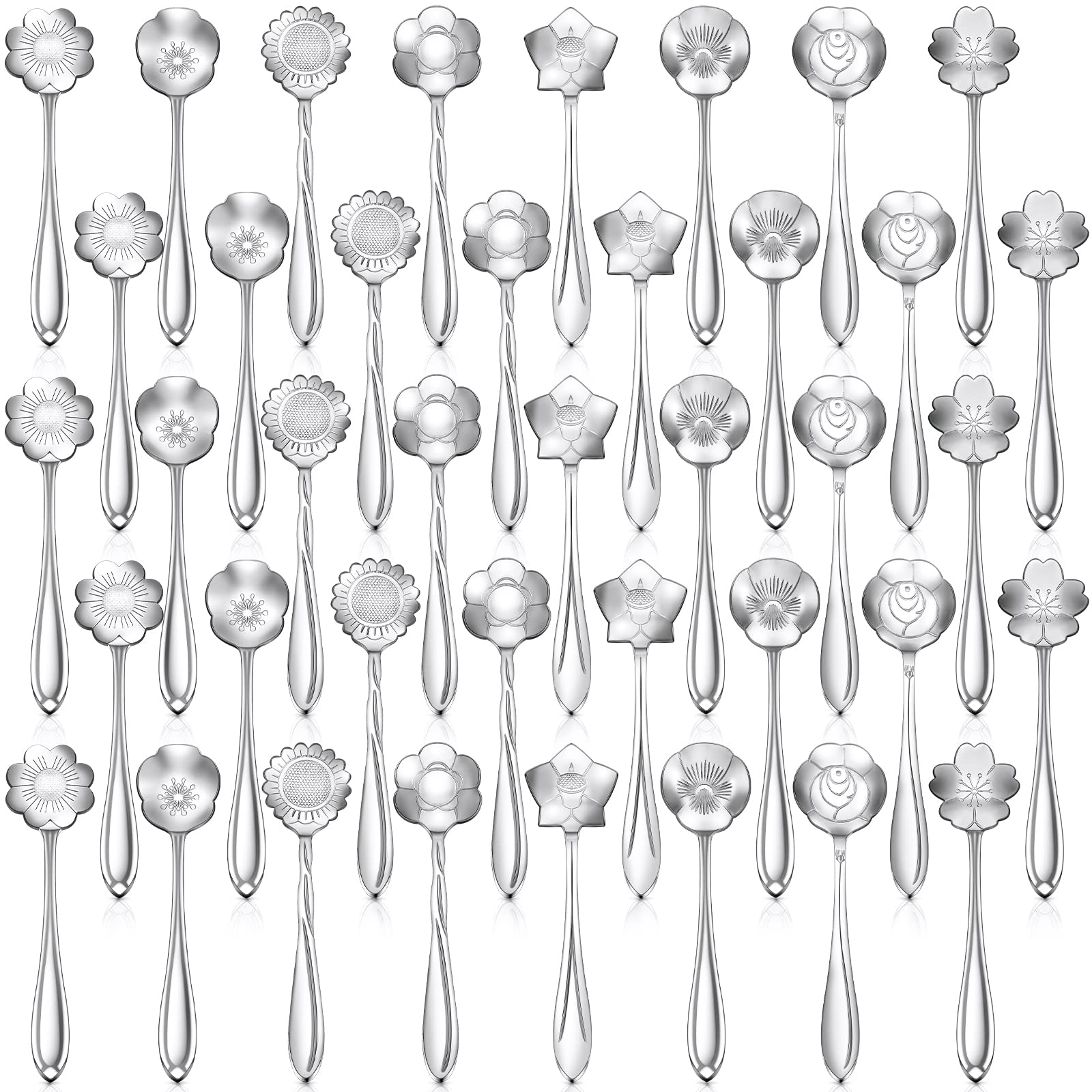 Photo 1 of 40 Pcs Flower Dessert Spoons Stainless Steel Sugar Spoon Stirring Coffee Spoons Small Tea Spoons Cafe Bar Spoon Cute Coffee Teaspoon Mini Tableware for Demitasse Espresso, 8 Styles (Silver)
