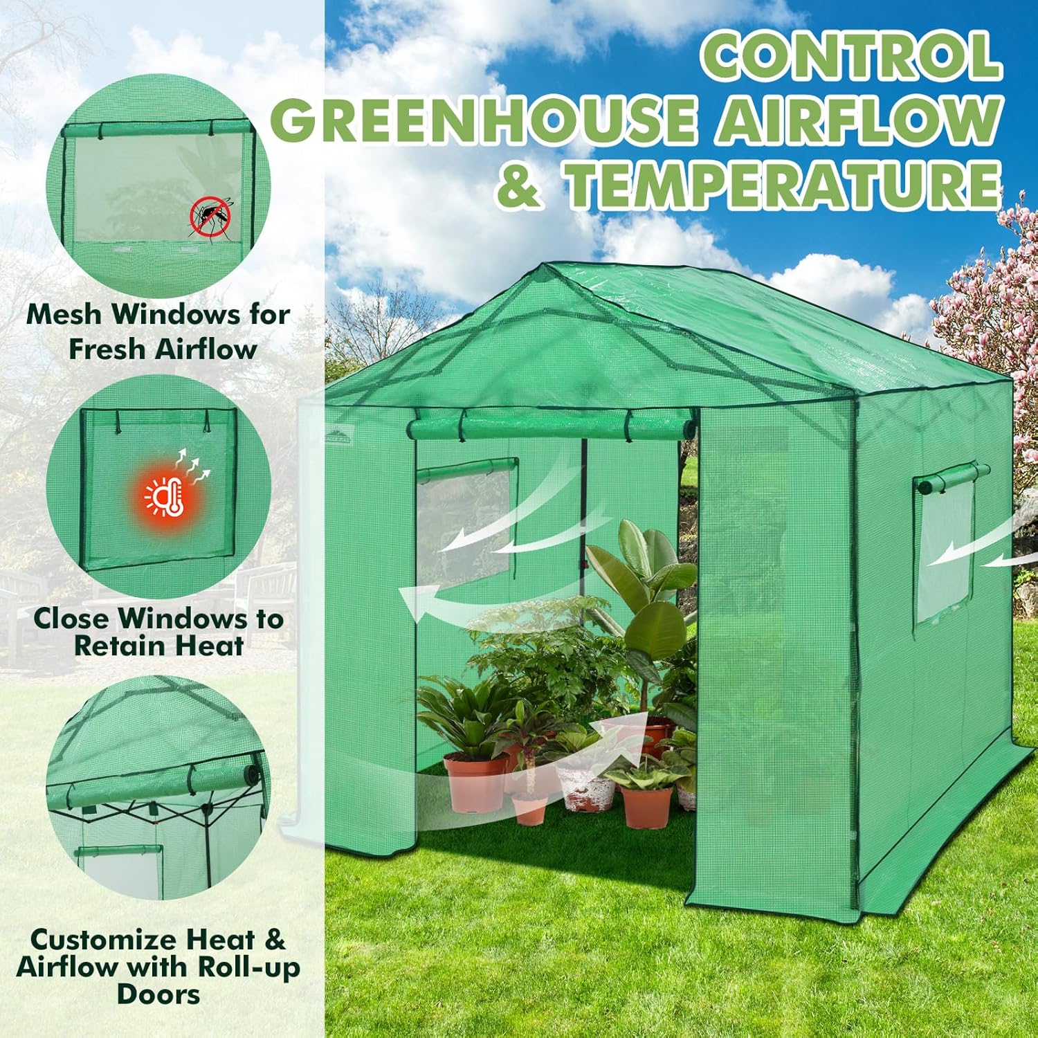 EAGLE PEAK 10x10 Portable Pop Up Greenhouse, Patented Center Lock Easy One Person Setup, Walk-in Outdoor Greenhouse with Gable Roof, Weight Bags, Zippered Doors & Windows - Winter Support Pole, Green