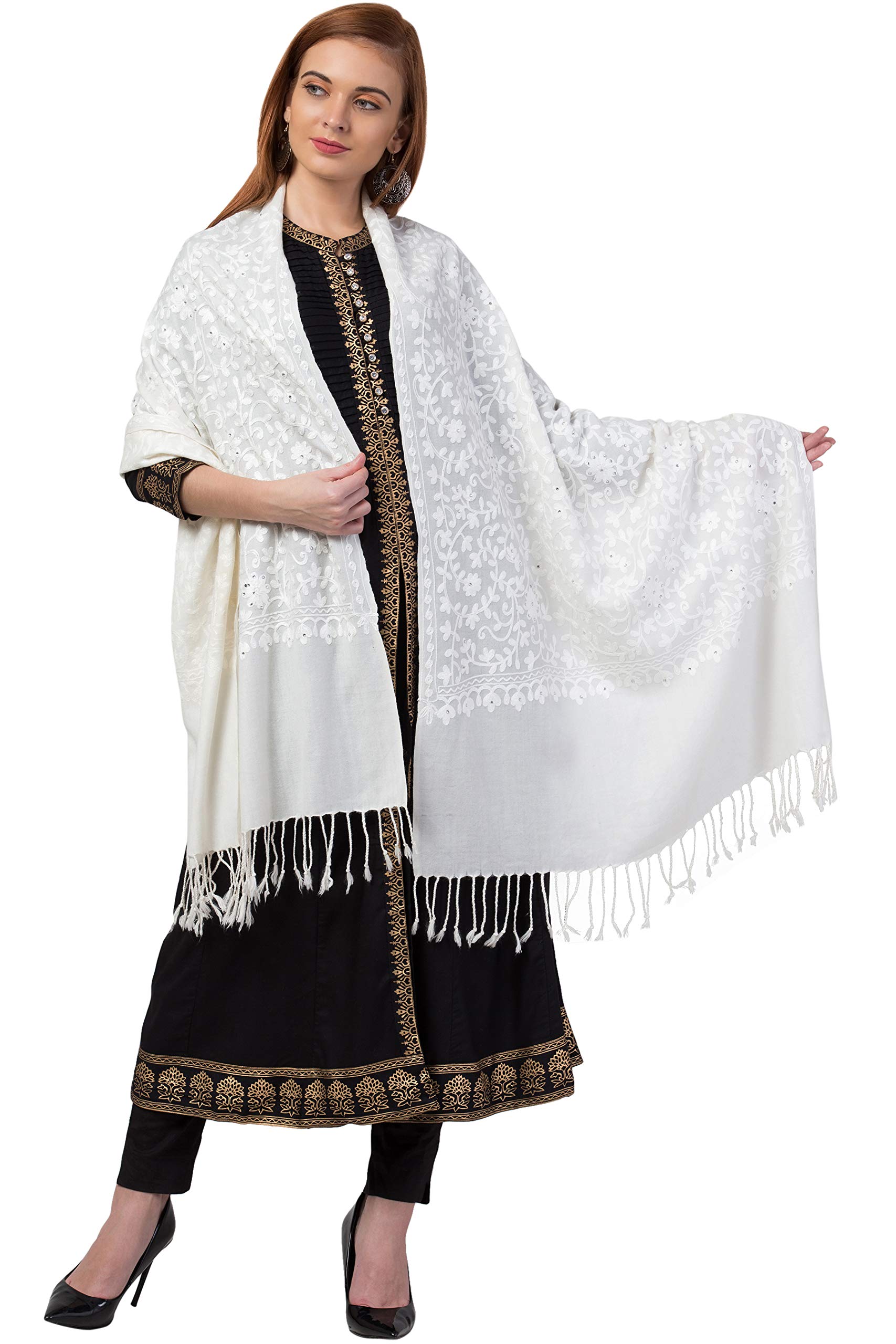 Mintt Tweedle Women's Off-White /Cream Pashmina Pure Wool Kashmiri Embroidery Stole/Shawl/Wrap for Winters (28 x 80 - inches) 1