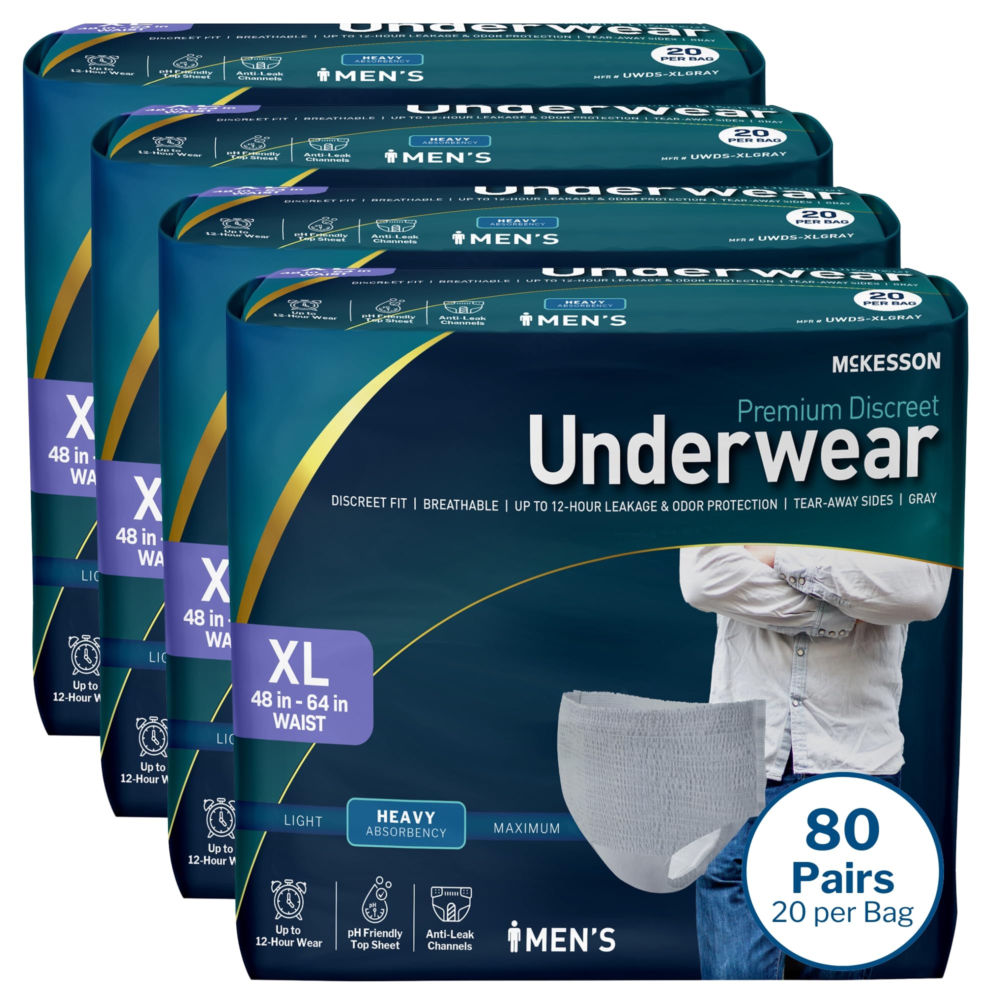 McKesson Discreet Underwear for Men 80 Adult Briefs, X-Large, 64 in, 20 ct