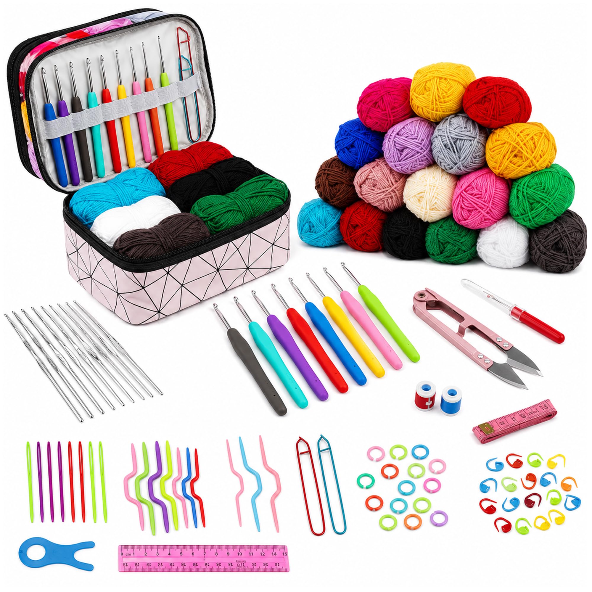 105 Teile Komplettes Häkel-Anfänger-Set mit 18 Garnknäueln, 9 Häkelnadeln mit weichem Griff, 16 Spitzenhäkelnadeln, Nadeln, Markern, Zählern und Tasche für Anfänger und Erwachsene