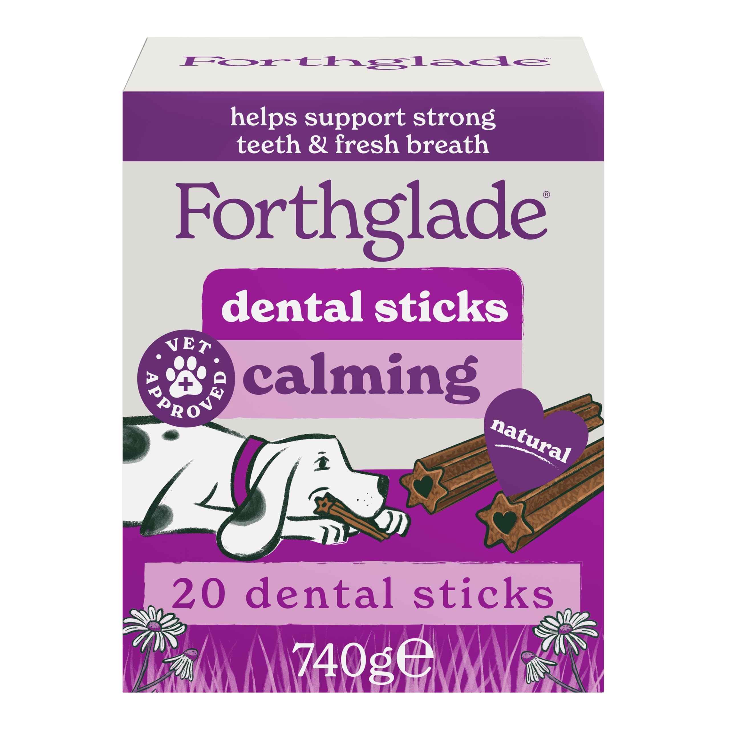 Forthglade Calming Dental Chews for Dogs, 20 Sticks, Dog Treats Infused with Calming Botanicals, Helps Freshen Breath, Remove Plaque & Tartar from Teeth, Hypoallergenic & Grain-Free, Resealable Bag