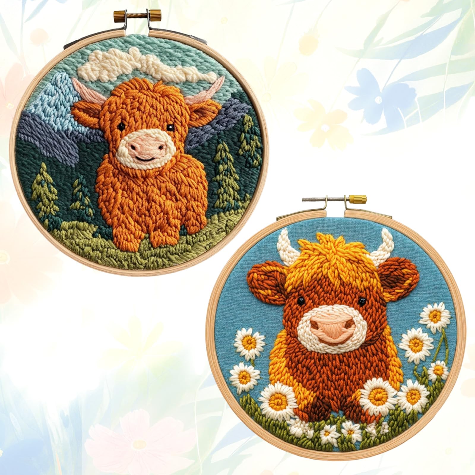 Cosiesnest 2 Set Highland Cow Punch Needle Kit for Beginners Hoop Embroidery Starter Set, Cute Cartoon Highland Cow Gifts for Women DIY Festival Gift for Christmas Adults & Children