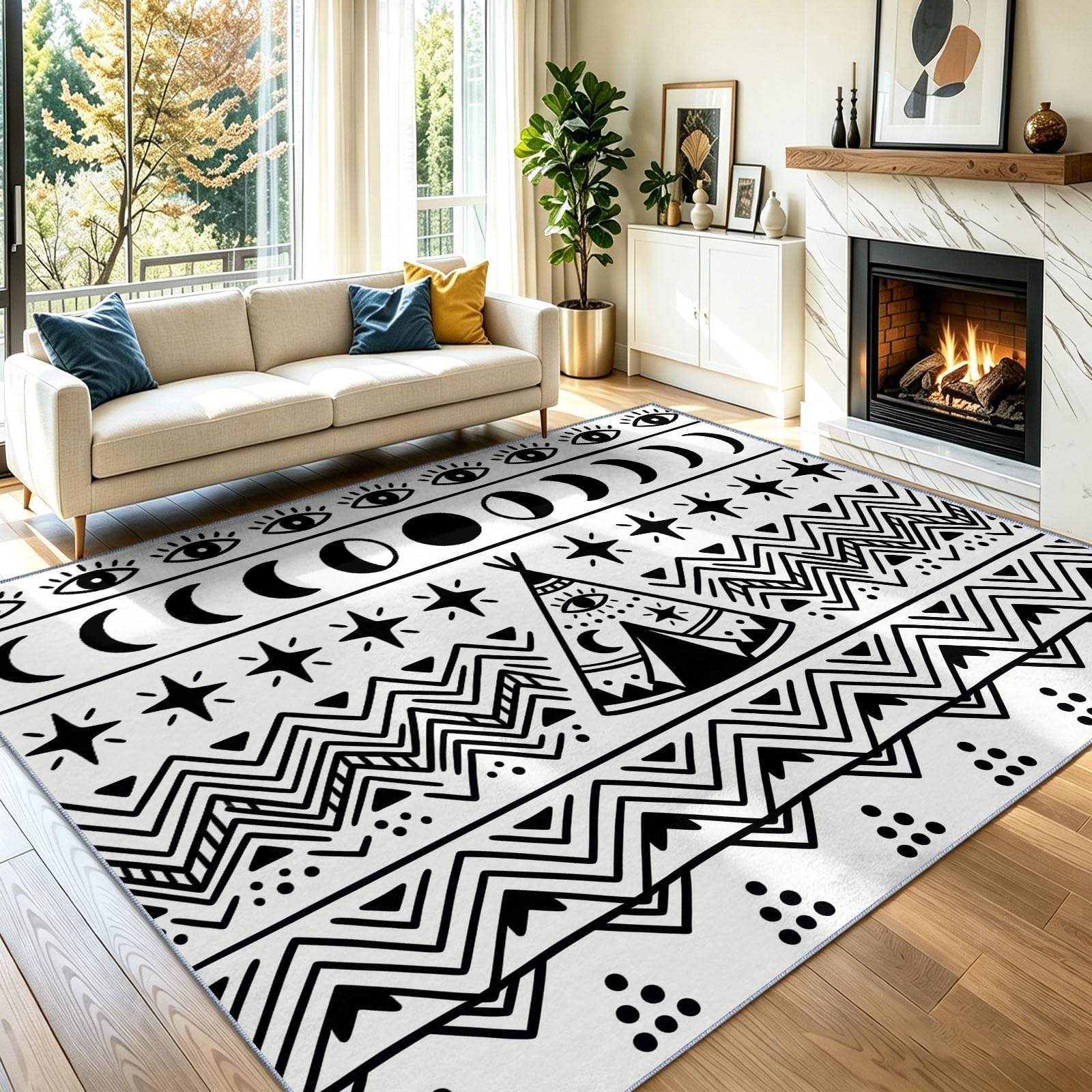 Dywan do salonu, boho, etniczny, geometryczny, księżyc, gwiazdy, linie, czarny, miękki, niskie runo, antypoślizgowy, dywan, przyjazny dla dzieci, do sypialni, jadalni, kuchni, 60 x 110 cm