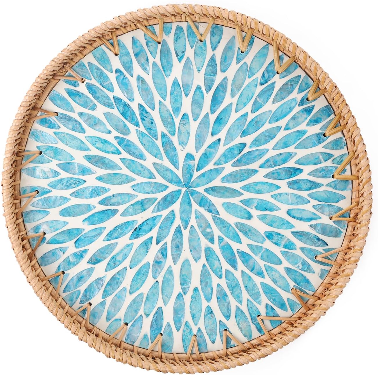 Tynulox Round Rattan Serving Tray with Mother of Pearl Inlay - Turquoise Leaf 11.8" Wicker Tray for Coffee, Fruits, Table & Kitchen Decor