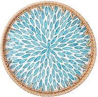 Tynulox Round Rattan Serving Tray with Mother of Pearl Inlay - Turquoise Leaf 11.8" Wicker Tray for Coffee, Fruits, Table & Kitchen Decor
