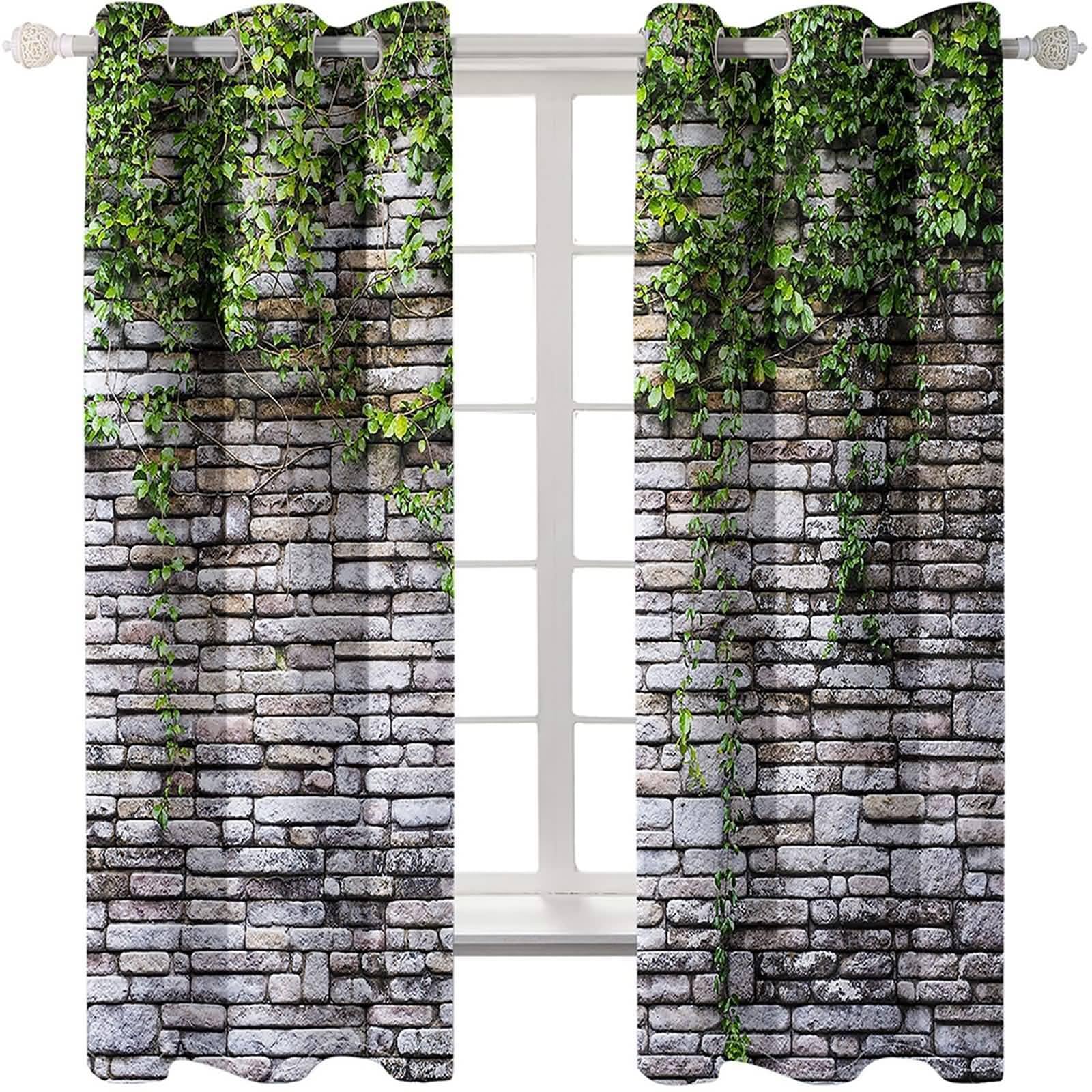 Rideaux Chambre Adulte, Mur de Briques et vignes occultant 2 Panneaux pour fenêtre Salon/Cuisine, Gris Clair Vert, 137x214cm