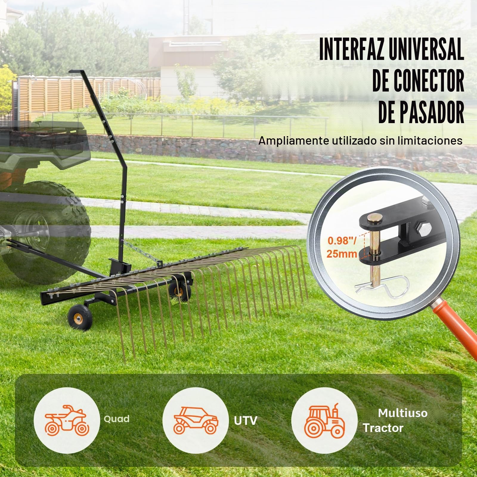 VEVOR Escarificadora de Remolque detrás de 1500 x 1600 x 1900 mm con 24 Púas de Acero Q235, Rastrillo de Césped para ATV o Cortacésped, con Mango de Elevación para Hojas, Agujas de Pino y Hierba