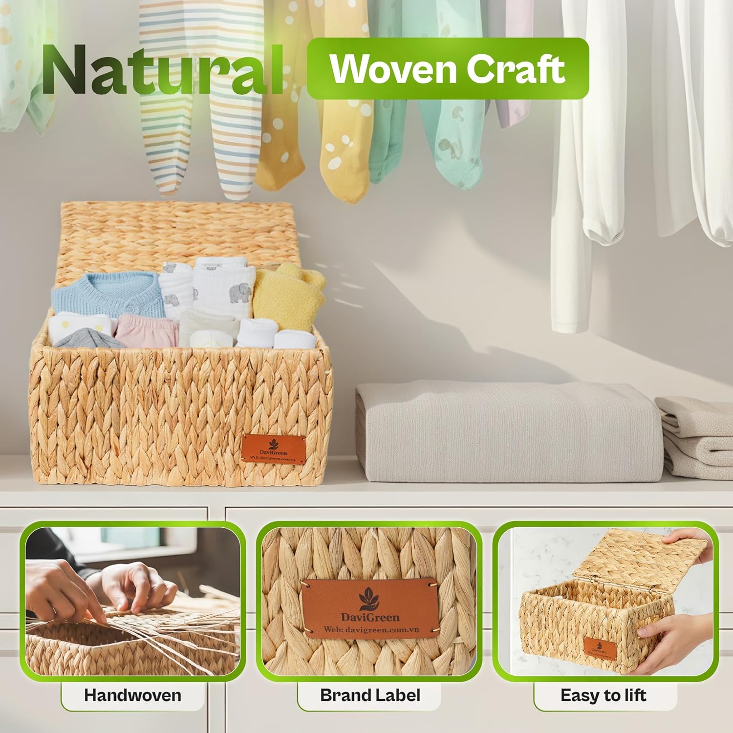 Water Hyacinth Basket Set of 3 with Lids, Storage Basket with Lid, Wicker Basket with Lid, Wicker Storage Basket with Lid, Woven Storage Baskets with Lids for Closet, Bathroom, Bedroom