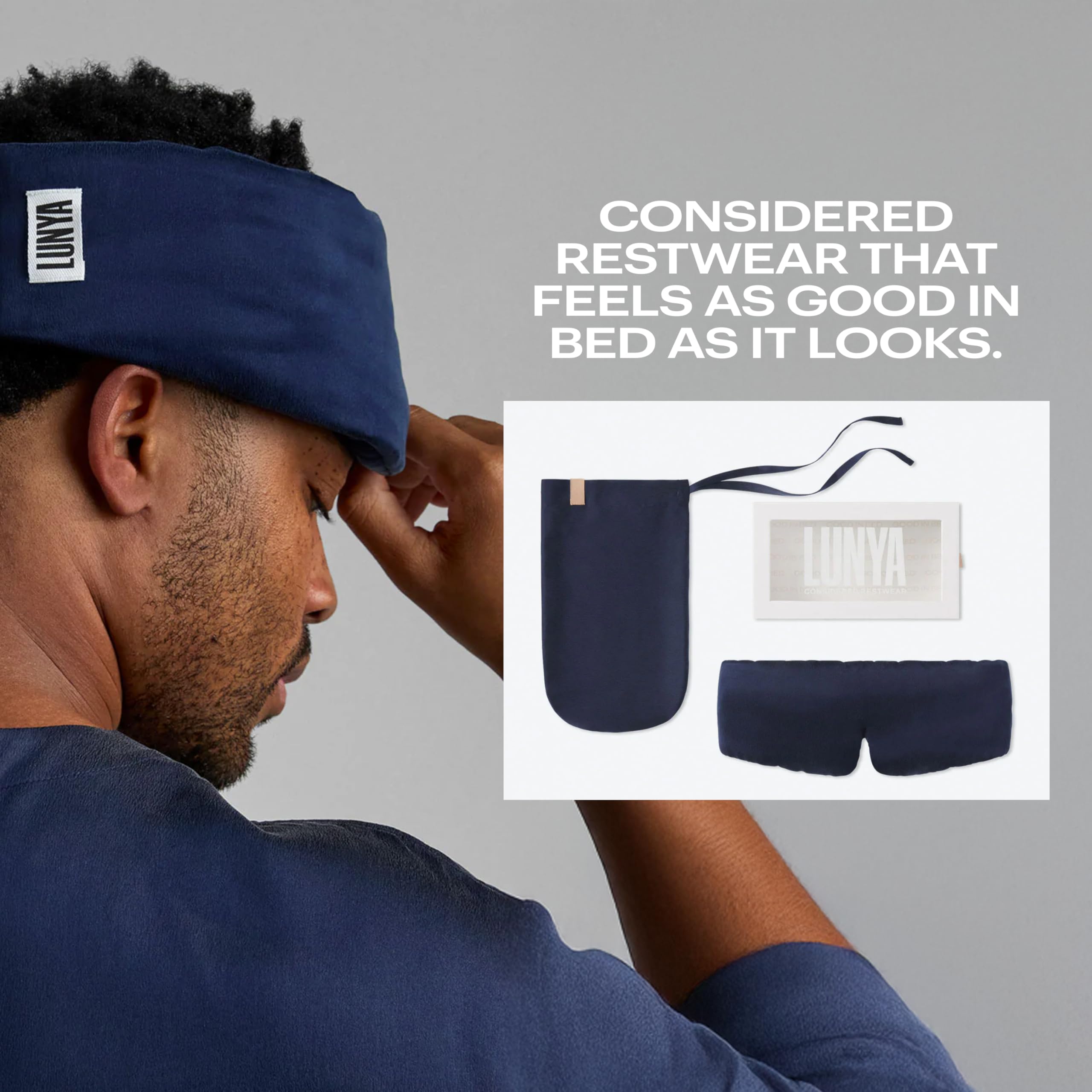 Lunya Antifaz de dormir de seda lavable, seda de morera termorera, bloqueo de luz y ajuste cómodo, antifaz para dormir para mujeres y hombres con caja, azul oscuro, grande