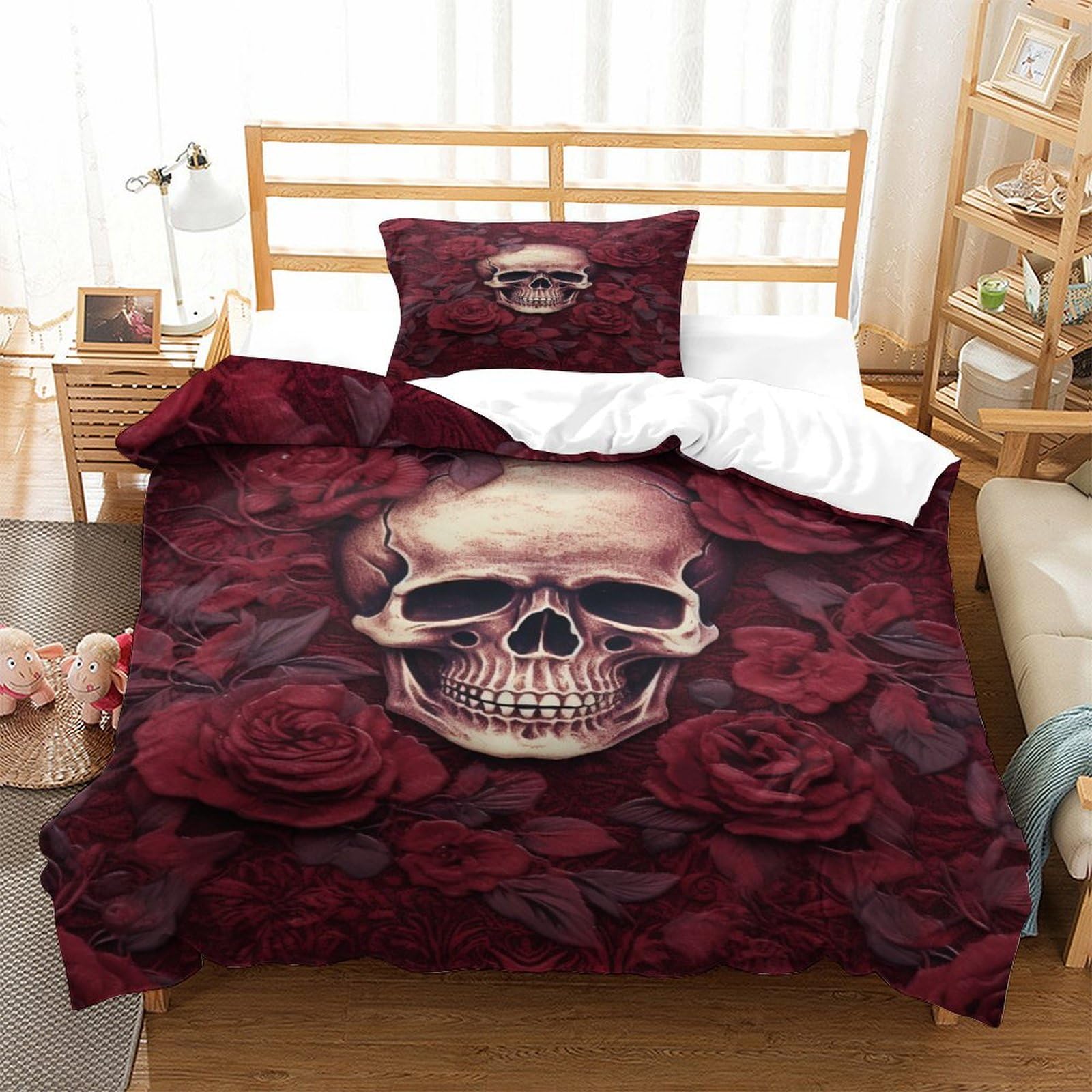 P1S9U7W5Y 3D Printed Rose Skull Duvet Cover Set 3pcs Microfiber Gothic Skull Bedding Set Single